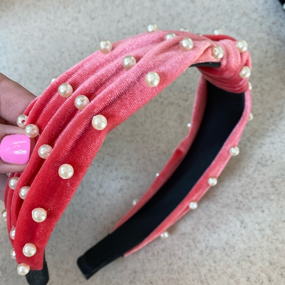 Pink velvet pearl headband standard adult size